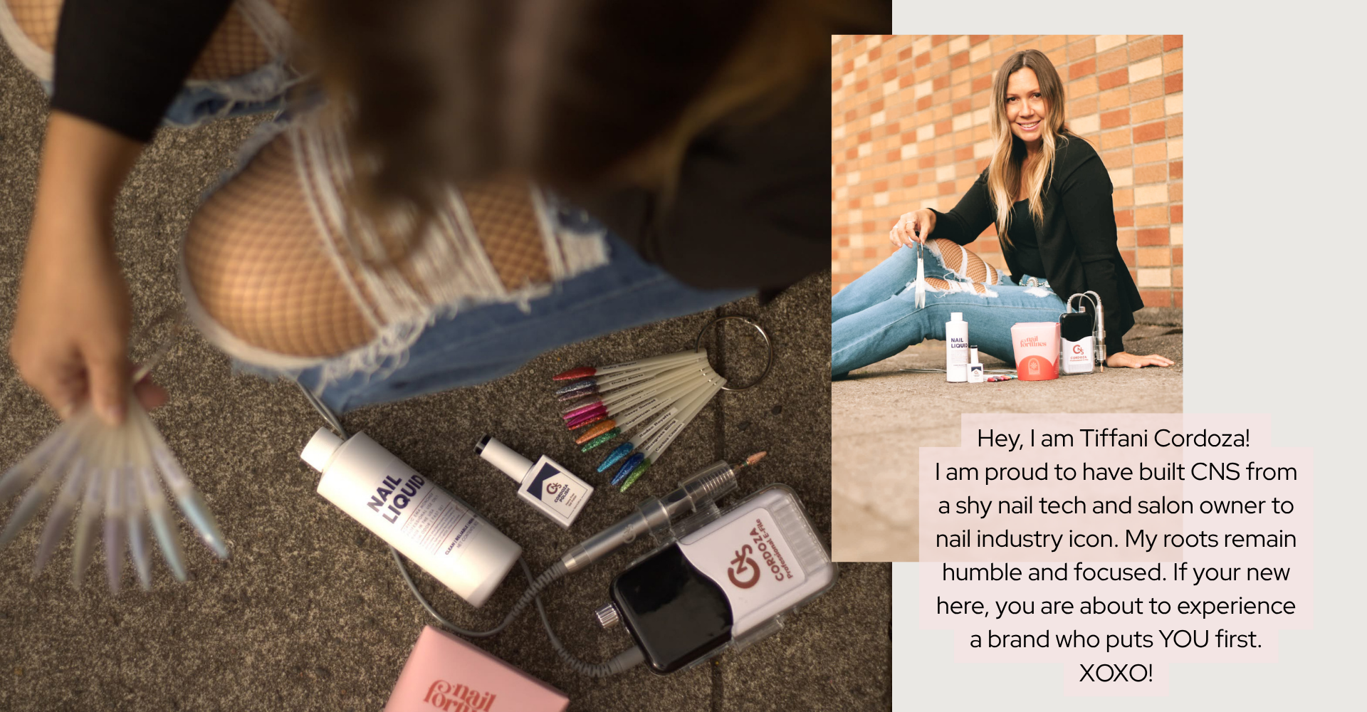 Nail polish bottles and tools on a surface with an inset of a woman holding a bottle.