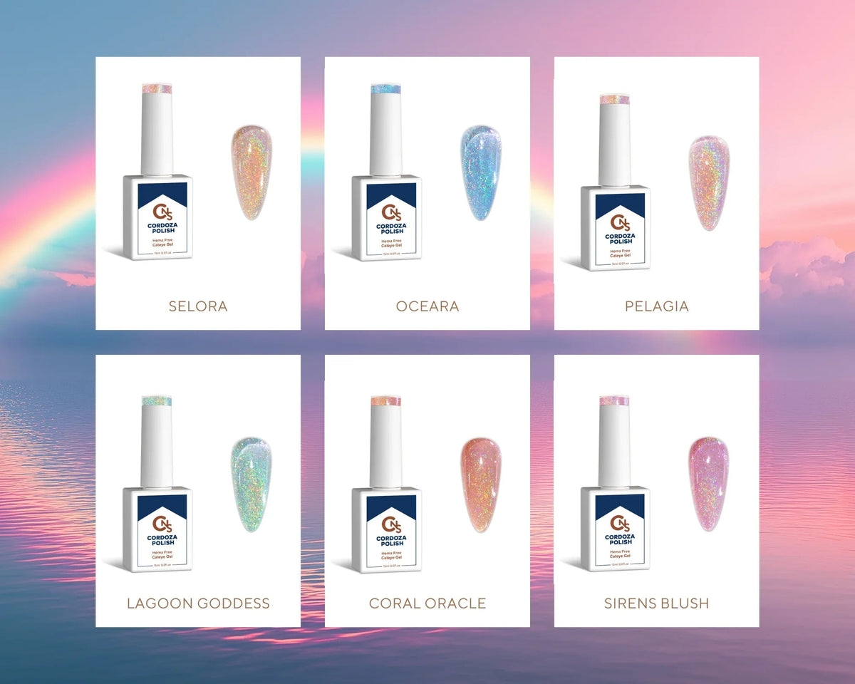 6pc Rainbow Holographic Cateye Hema Free Gel Polish - Goddesses of the Deep - Cordoza Nail Supply