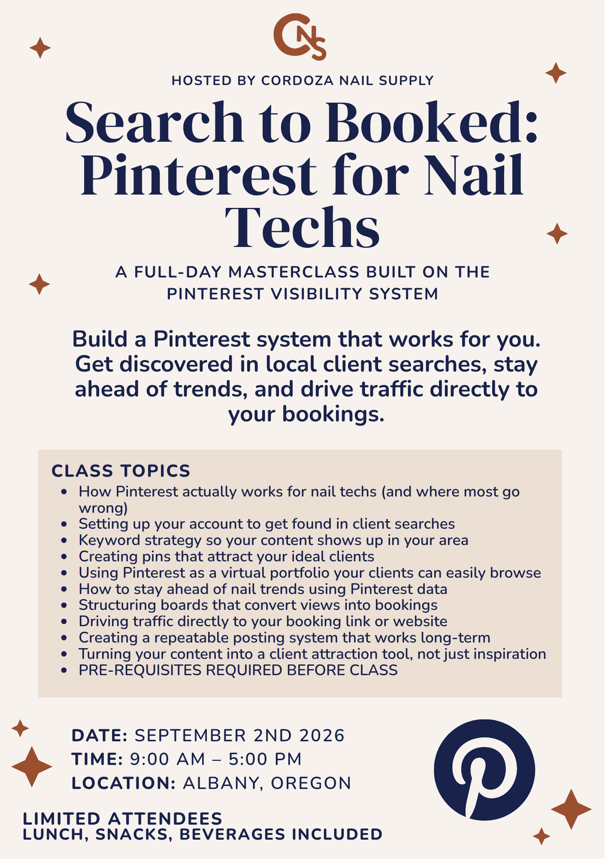 Search to Booked: Pinterest for Nail Techs Masterclass | Albany, Oregon | September 2, 2026 | 9AM–5PM