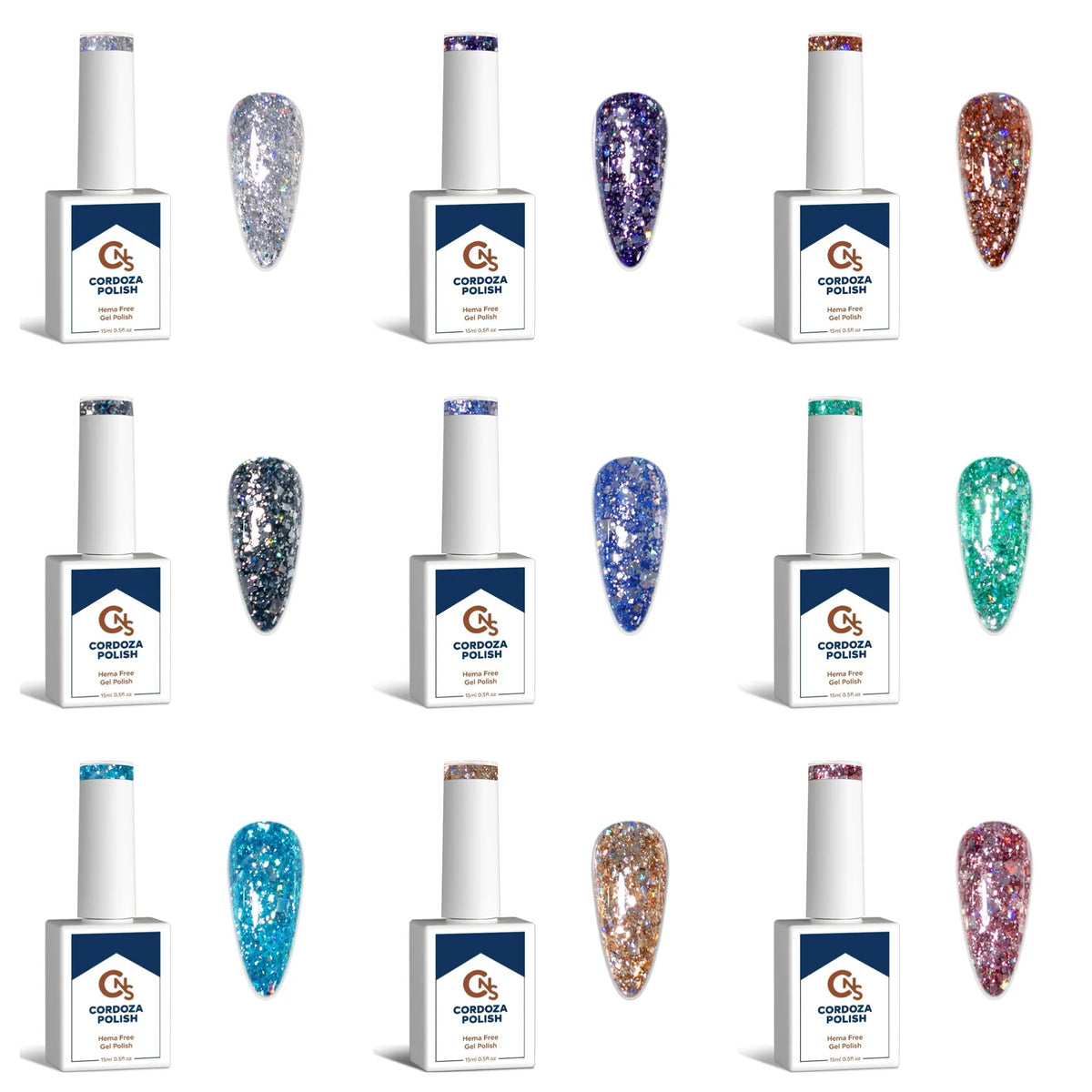 Holo Glam 9pc Collection - CNS Hema Free Chunky Glitter Gel Polish - Cordoza Nail Supply