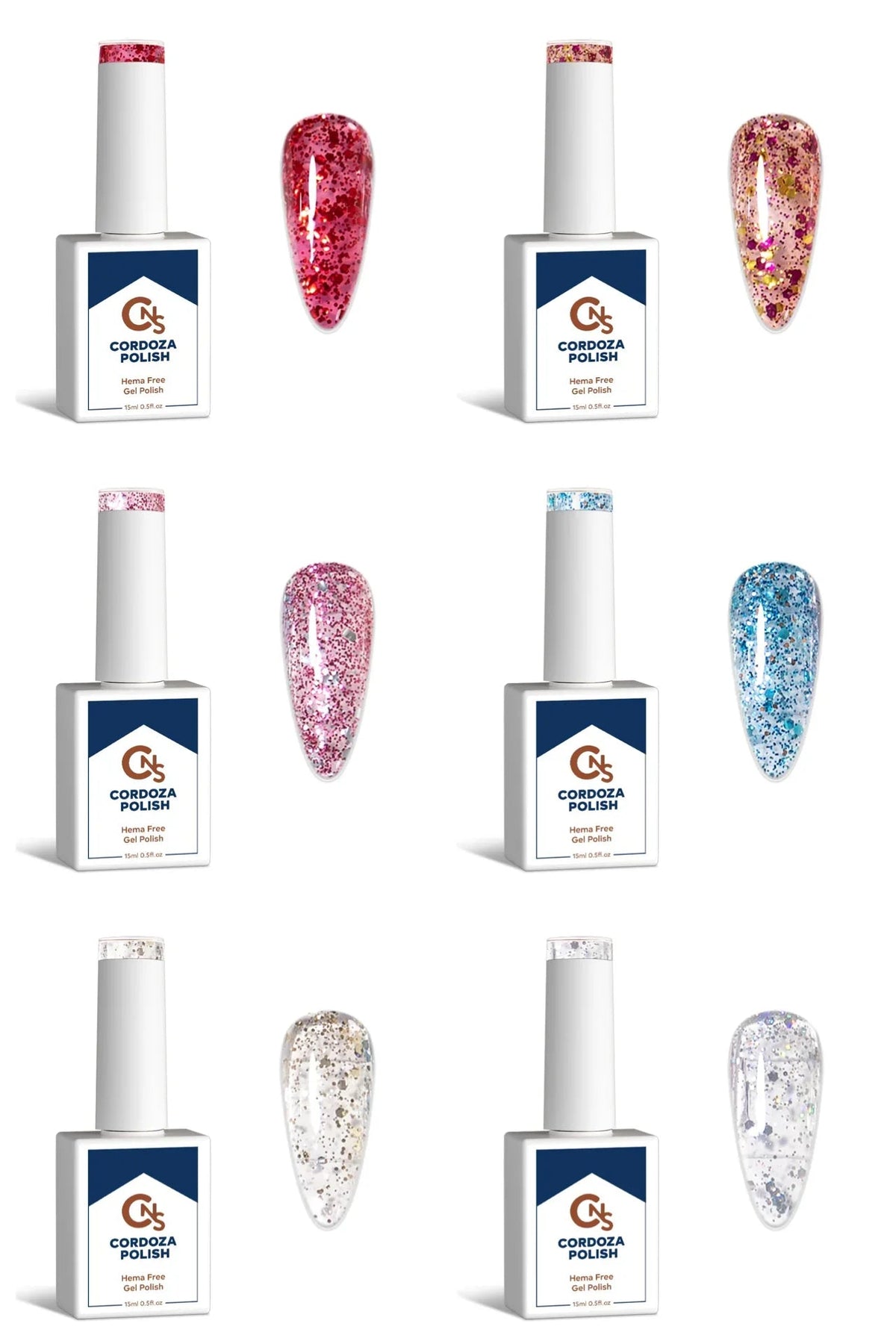 Juicy Gossip 6pc Collection - CNS Hema Free Glitter Gel Polish - Cordoza Nail Supply
